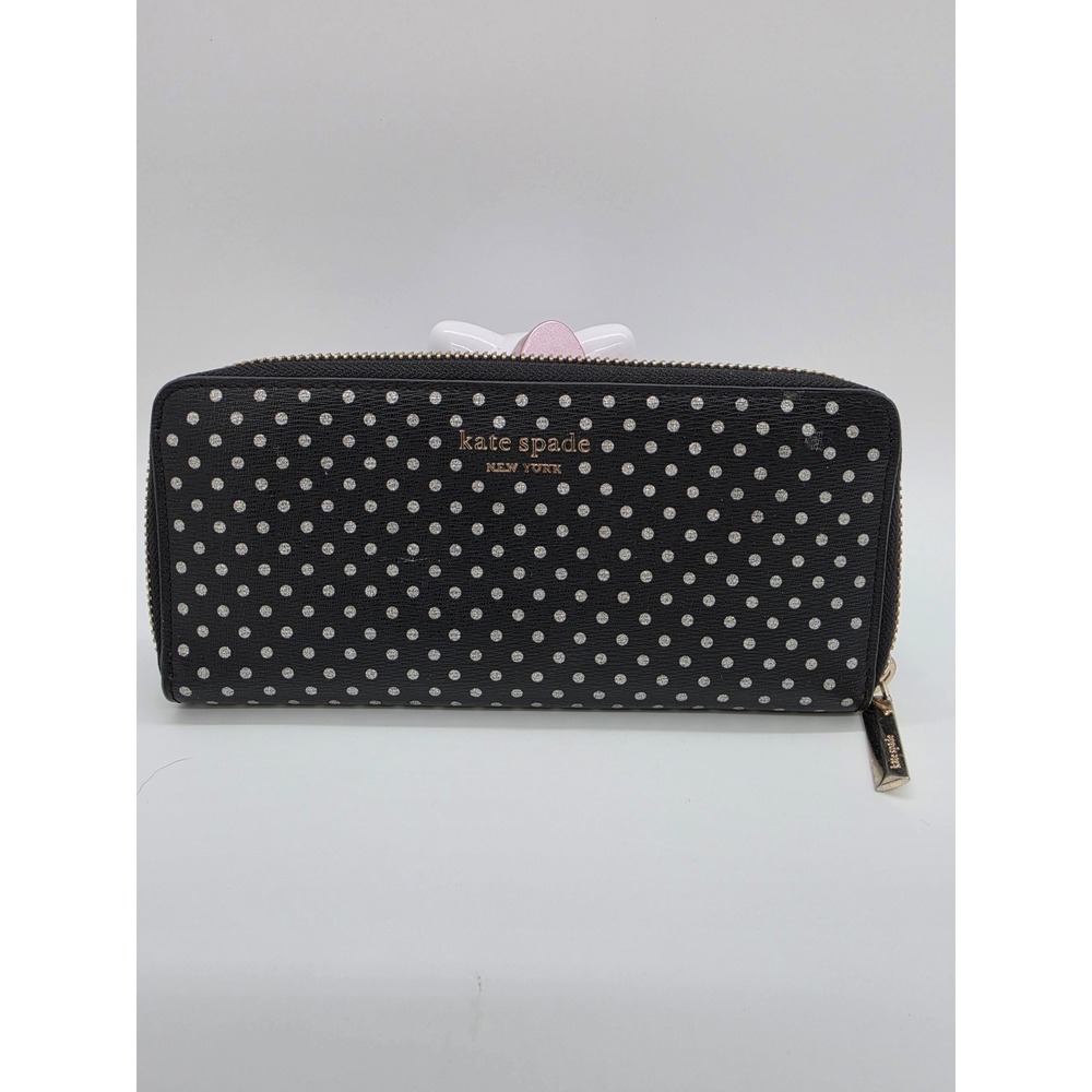 Kate Spade New York Black Silver Glitter Polka Dot Zip Around Continental Wallet
